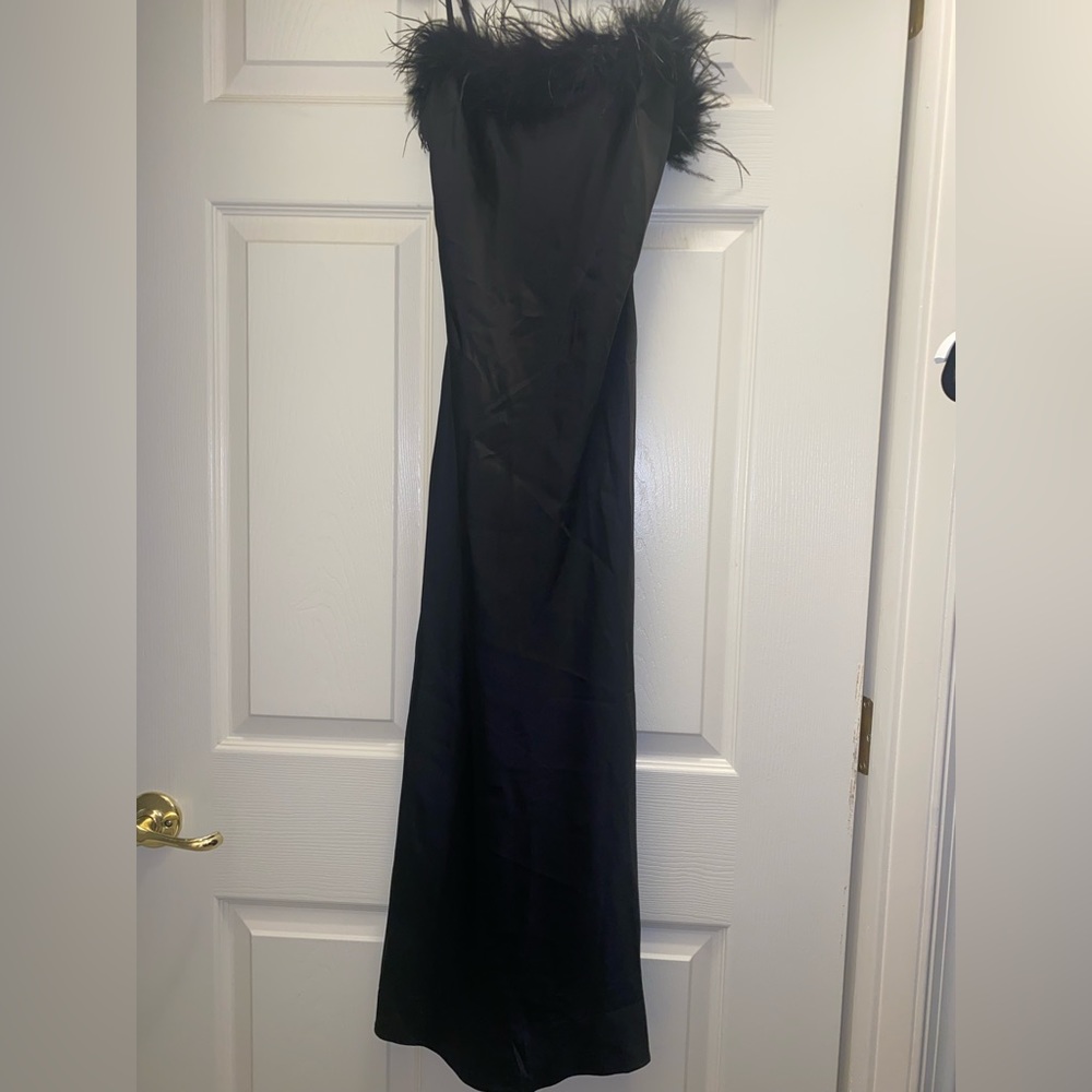 Windsor Feather Trim Black Satin Slip Dress - Midi XS New with Tag